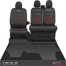 Load image into Gallery viewer, All New Ford Transit Custom Front 1+2 Bentley Diamond Quilt Leatherette Tailored Seat Covers &amp; Tailored Rubber Mat Black MY-2024 (Choice of 7 Colours) - Custom Sport Embroidery
