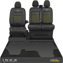 Load image into Gallery viewer, All New Ford Transit Custom Front 1+2 Bentley Diamond Quilt Leatherette Tailored Seat Covers &amp; Tailored Rubber Mat Black MY-2024 (Choice of 7 Colours) - Custom Sport Embroidery
