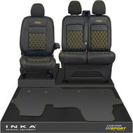 All New Ford Transit Custom Front 1+2 Bentley Diamond Quilt Leatherette Tailored Seat Covers & Tailored Rubber Mat Black MY-2024 (Choice of 7 Colours) - Custom Sport Embroidery