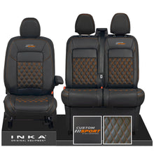 Load image into Gallery viewer, All New Ford Transit Custom Front 1+2 INKA Bentley Leatherette Tailored Seat Covers Black MY-2024 Custom Sport Embroidery
