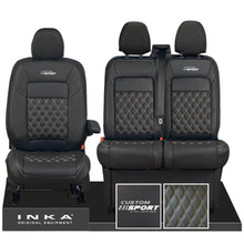 Load image into Gallery viewer, All New Ford Transit Custom Front 1+2 INKA Bentley Leatherette Tailored Seat Covers Black MY-2024 Custom Sport Embroidery
