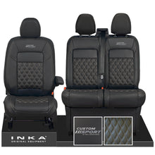 Load image into Gallery viewer, All New Ford Transit Custom Front 1+2 INKA Bentley Leatherette Tailored Seat Covers Black MY-2024 Custom Sport Embroidery
