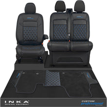 Load image into Gallery viewer, All New Ford Transit Custom Front 1+2 Bentley Leatherette Tailored Seat Covers &amp; Matching Tailored Floor Mat Black MY-2024> (7 Colours) - Custom Professional Embroidery
