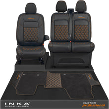Load image into Gallery viewer, All New Ford Transit Custom Front 1+2 Bentley Leatherette Tailored Seat Covers &amp; Matching Tailored Floor Mat Black MY-2024> (7 Colours) - Custom Professional Embroidery
