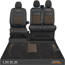 Load image into Gallery viewer, All New Ford Transit Custom Front 1+2 Bentley Leatherette Tailored Seat Covers &amp; Matching Tailored Floor Mat Black MY-2024> (7 Colours)

