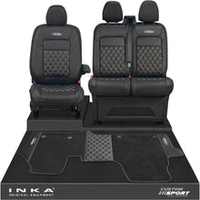 Load image into Gallery viewer, All New Ford Transit Custom Front 1+2 Bentley Leatherette Tailored Seat Covers &amp; Matching Tailored Floor Mat Black MY-2024> (7 Colours)
