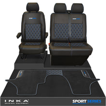 Load image into Gallery viewer, New VW Transporter T6.1, T6, T5.1 Front 1+2 Bentley Diamond Quilt Tailored Leatherette Seat Covers &amp; Matching Tailored Floor Mat Black - Sport-Series Embroidery
