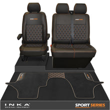 Load image into Gallery viewer, New VW Transporter T6.1, T6, T5.1 Front 1+2 Bentley Diamond Quilt Tailored Leatherette Seat Covers &amp; Matching Tailored Floor Mat Black - Sport-Series Embroidery
