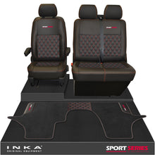 Load image into Gallery viewer, New VW Transporter T6.1, T6, T5.1 Front 1+2 Bentley Diamond Quilt Tailored Leatherette Seat Covers &amp; Matching Tailored Floor Mat Black - Sport-Series Embroidery
