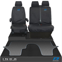 Load image into Gallery viewer, VW Transporter T6.1,T6,T5.1 INKA Front 1+2 Tailored Waterproof Seat Covers &amp; Tailored Rubber Floor Mat Black - R-Series Embroidery
