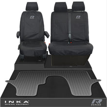 Load image into Gallery viewer, VW Transporter T6.1,T6,T5.1 INKA Front 1+2 Tailored Waterproof Seat Covers &amp; Tailored Rubber Floor Mat Black - R-Series Embroidery
