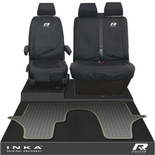 Load image into Gallery viewer, VW Transporter T6.1,T6,T5.1 INKA Front 1+2 Tailored Waterproof Seat Covers &amp; Tailored Rubber Floor Mat Black - R-Series Embroidery
