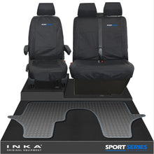 Load image into Gallery viewer, VW Transporter T6.1,T6,T5.1 INKA Front 1+2 Tailored Waterproof Seat Covers &amp; Tailored Rubber Floor Mat Black - Sport-Series Embroidery
