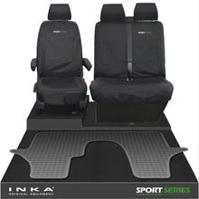 Load image into Gallery viewer, VW Transporter T6.1,T6,T5.1 INKA Front 1+2 Tailored Waterproof Seat Covers &amp; Tailored Rubber Floor Mat Black - Sport-Series Embroidery
