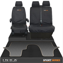Load image into Gallery viewer, VW Transporter T6.1,T6,T5.1 INKA Front 1+2 Tailored Waterproof Seat Covers &amp; Tailored Rubber Floor Mat Black - Sport-Series Embroidery
