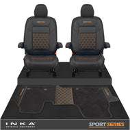 New VW Transporter T7 Panel Van INKA Front Bentley Leatherette Tailored Seat Covers & Matching Tailored Floor Mat Black MY25 Onwards